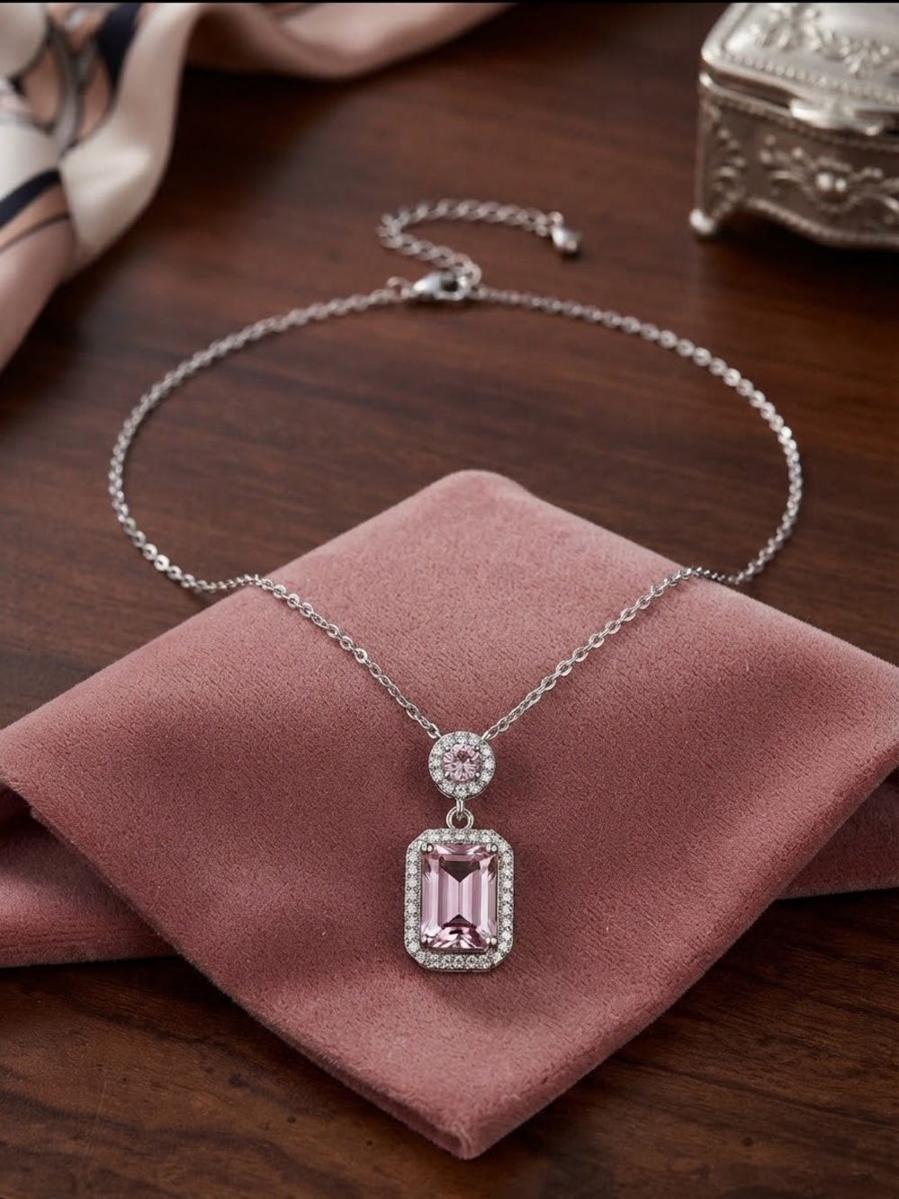 Delicate Silver Necklace with Pink Crystal Pendant